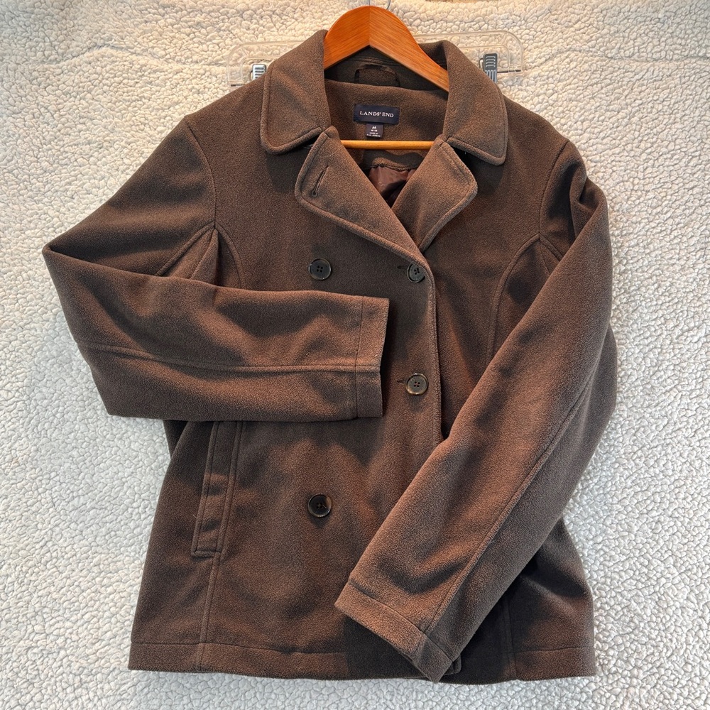 Lands’ End Brown Thermacheck Fleece Pea Coat Jacket Medium Double Breasted Y2K